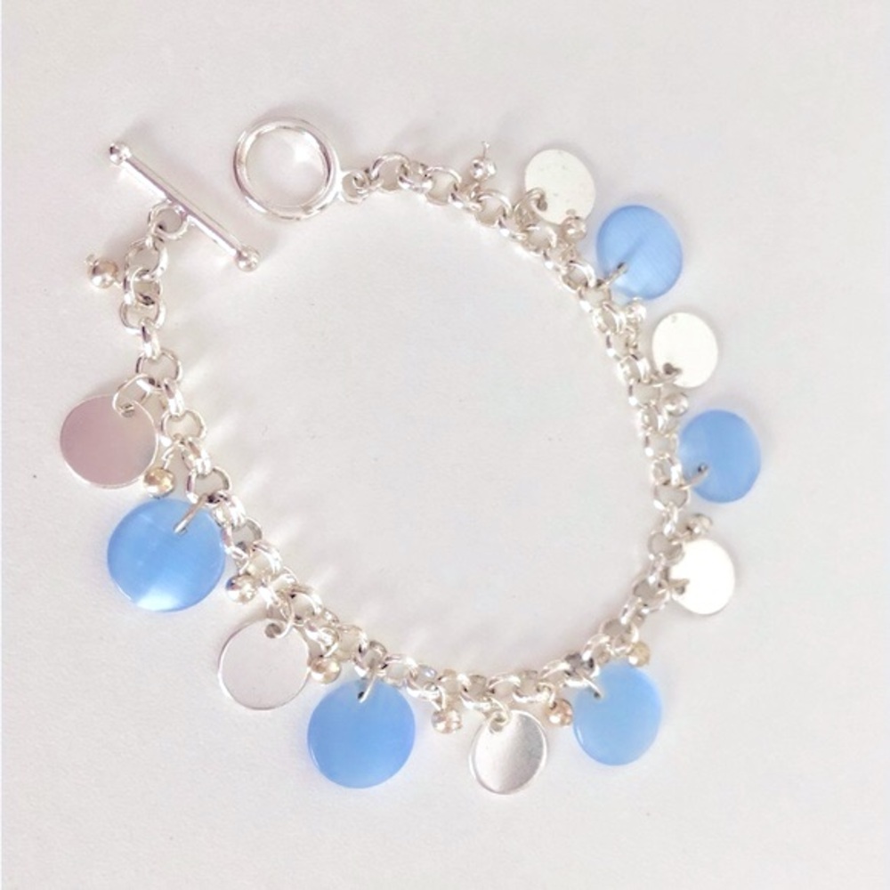 7 inch Silver and Pastel Light Blue Medallion Chain Charm Bracelet Toggle Clasp